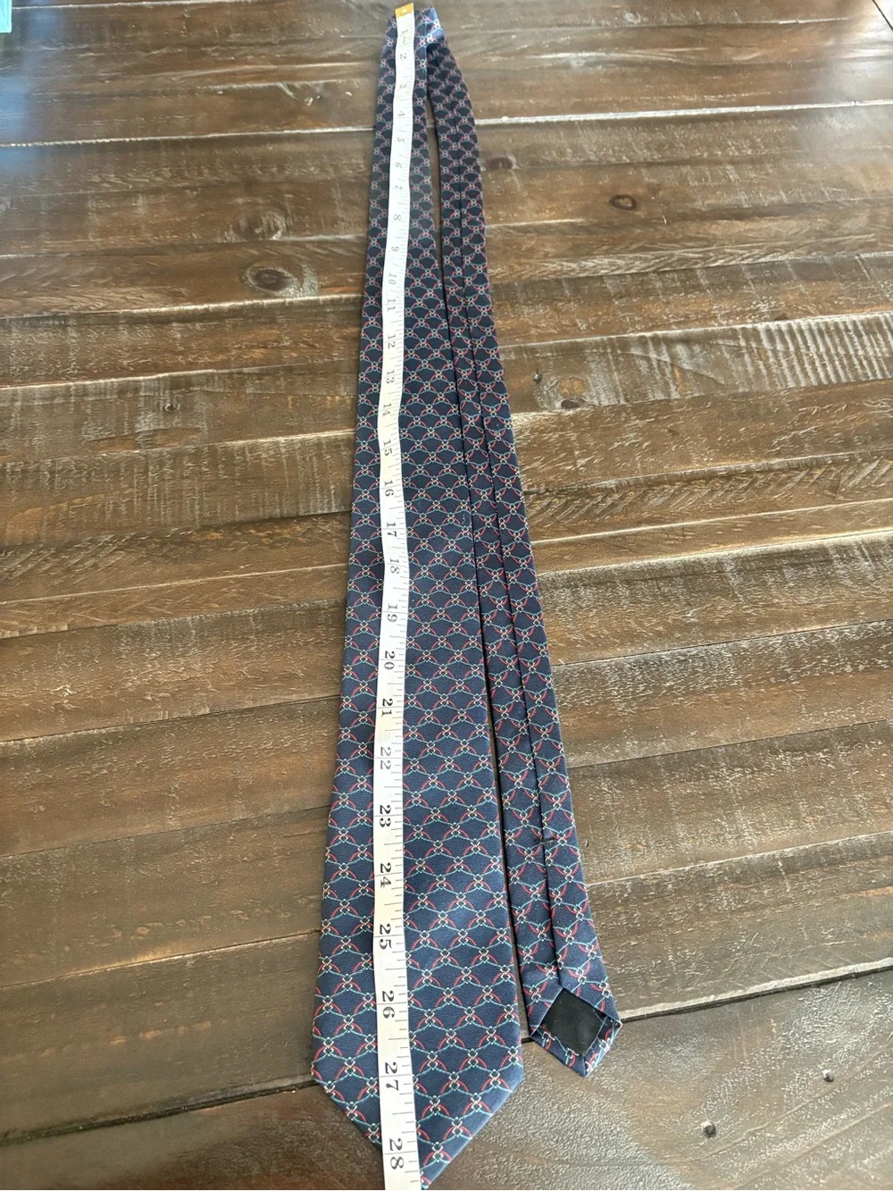 Saks Fifth Avenue Men’s Silk Tie Navy Red Geometric Made in USA